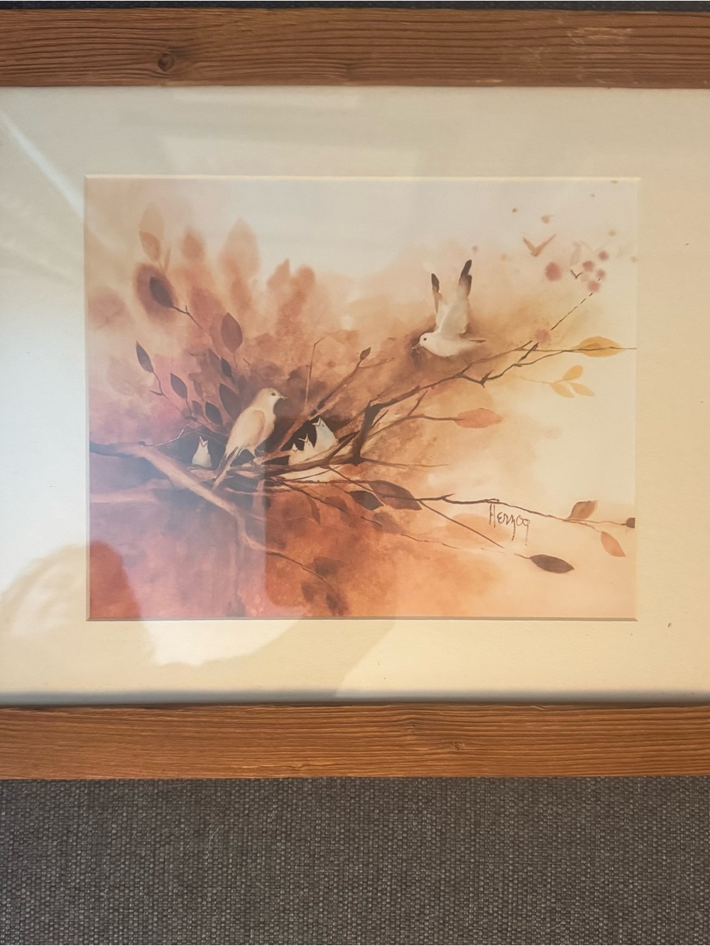 Herzog Vintage Wood Framed Songbirds Tree Branch Print Cottagecore Nature